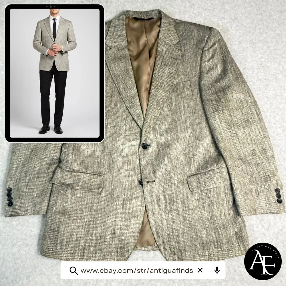 Jos.‎ A. Bank Mens 43R Silk Sport Coat Blazer Tan Black Textured 2-Button Jacket
